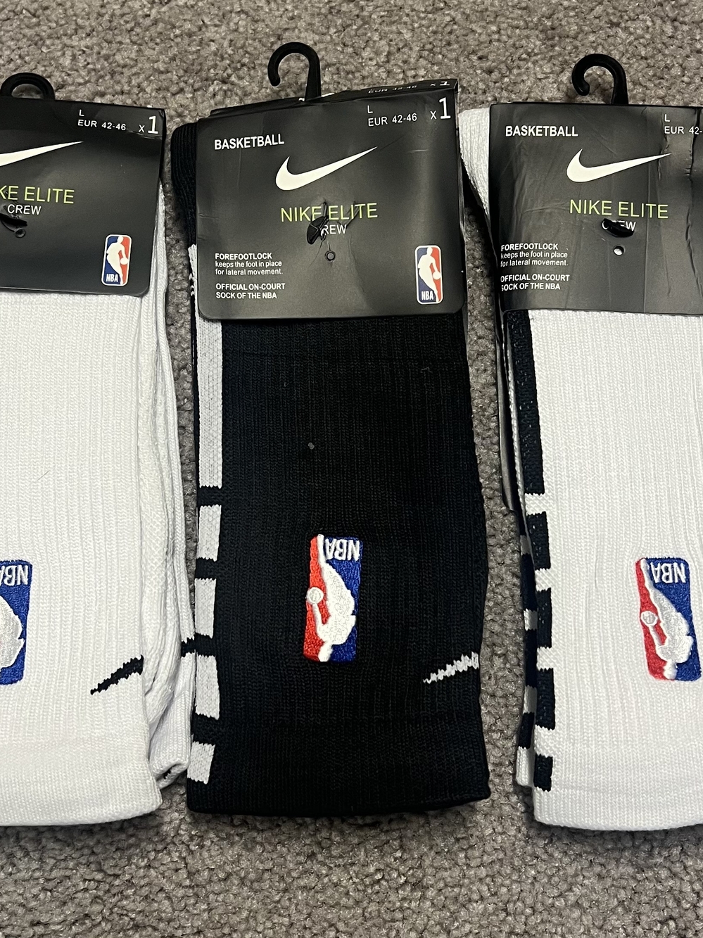 3 Nike Elite Crew Basketball Socks - Black & White with NBA Logo Mens Large 8-12
